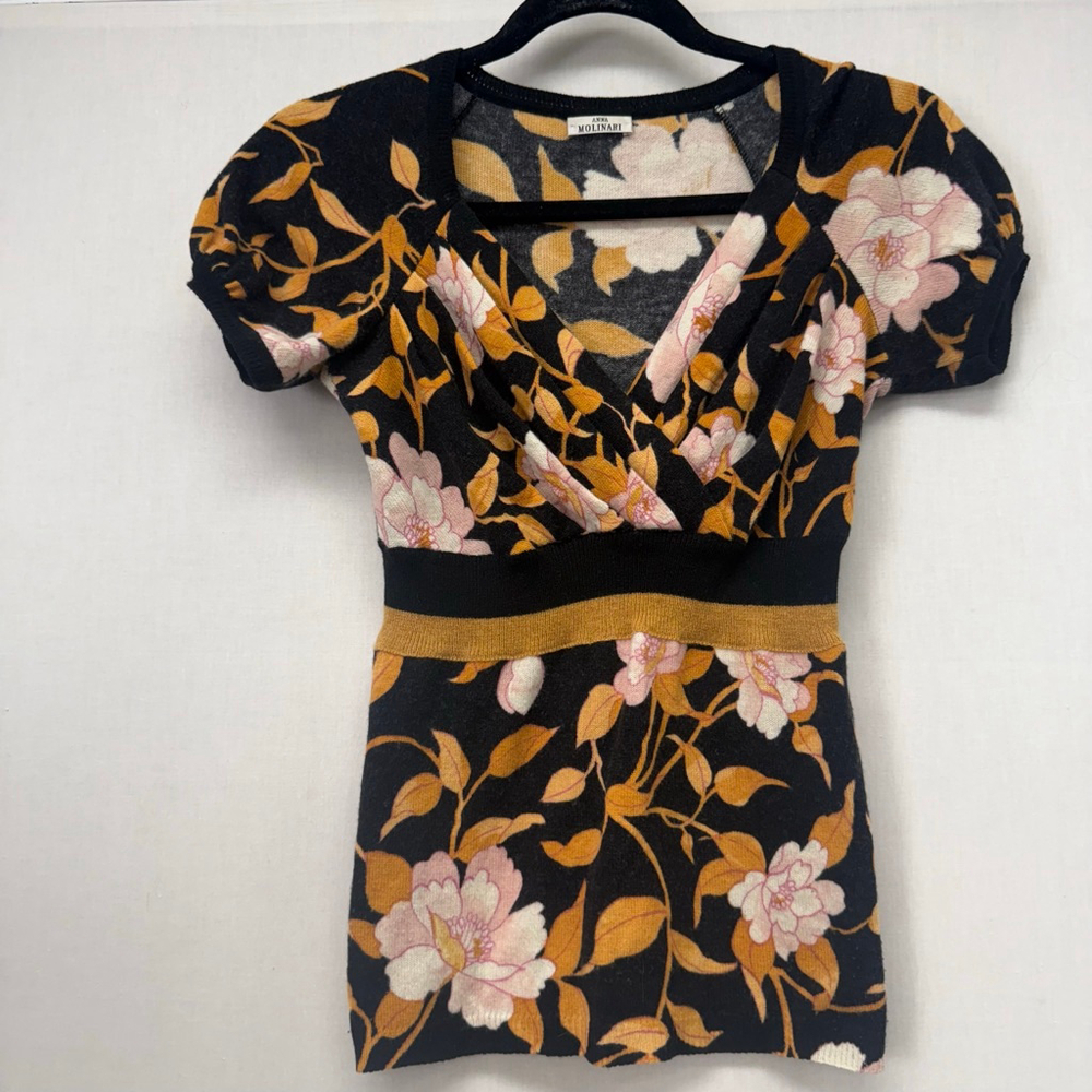 Women's Anna Molinari Black Yellow Floral V-Neck Knit Sweater XS